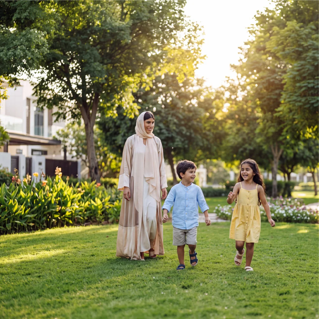 Family enjoying breakfast by the pool at their Florence-inspired villa